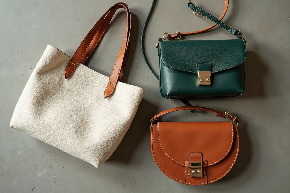 Trois sacs à main tendance 2026 en cuir, suède et tissu bouclé disposés sur béton brut, styles minimalistes et architecturaux