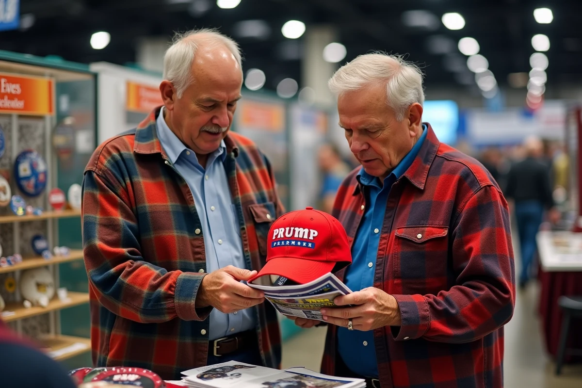 Deux collectionneurs examinant une casquette MAGA en édition rare lors d'une foire de mémorabilia politique
