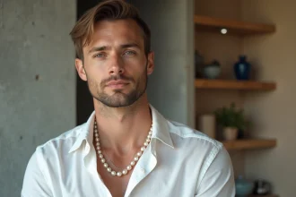 Homme portant un collier en perle naturelle avec une chemise en lin blanche, style éditorial minimaliste