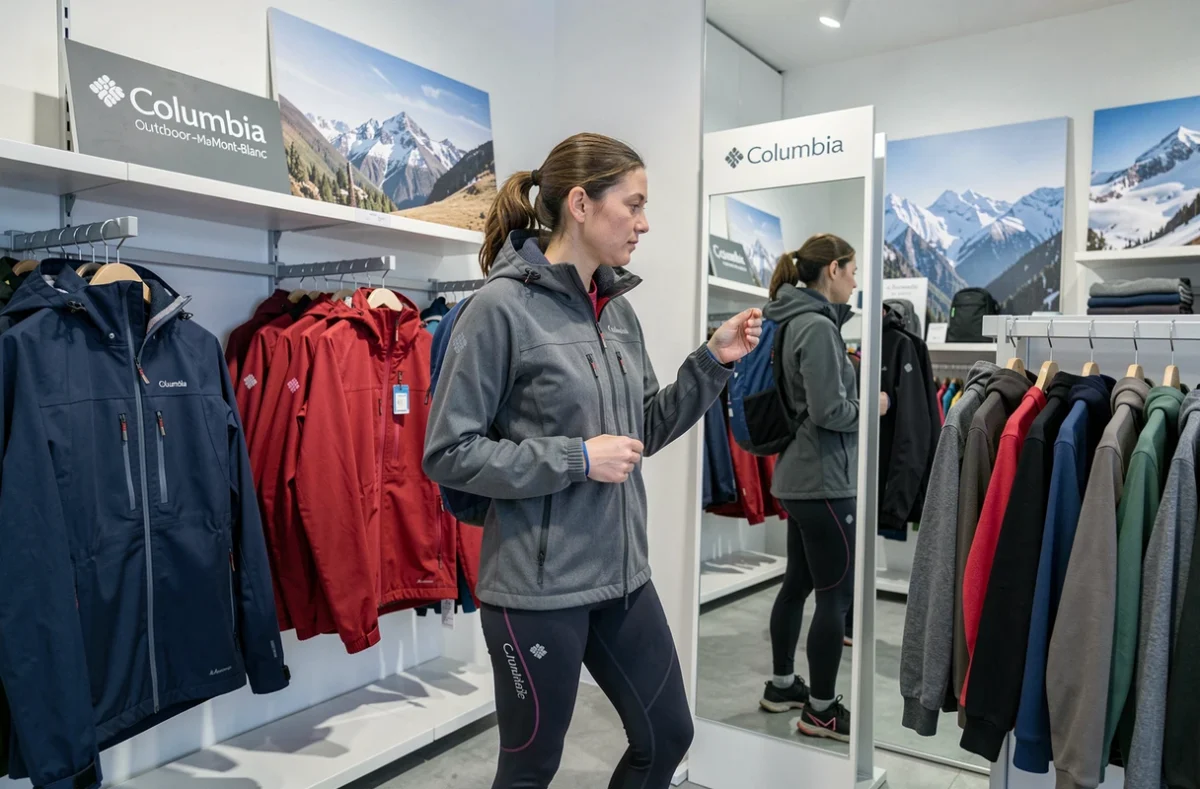 Magasin Columbia à Chamonix avec une randonneuse essayant une veste imperméable technique dans un intérieur moderne