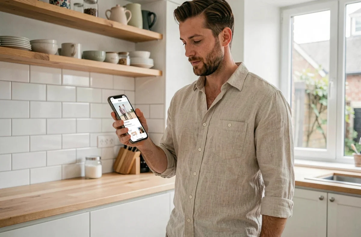 Homme consultant l'application Kiabi sur smartphone dans une cuisine moderne pour passer une commande