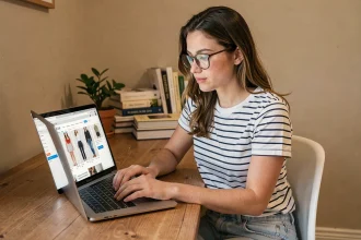 Jeune femme naviguant sur le site Kiabi depuis son ordinateur portable dans un bureau à domicile cosy