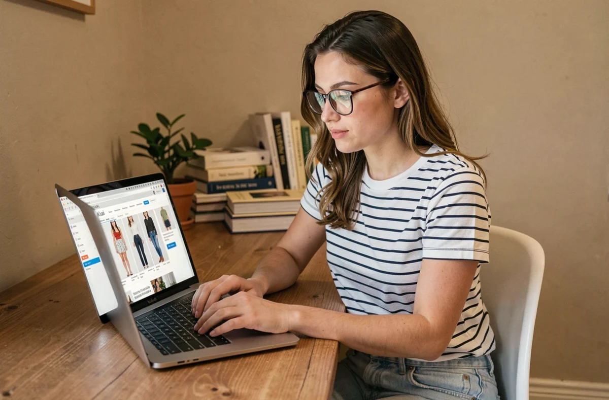 Jeune femme naviguant sur le site Kiabi depuis son ordinateur portable dans un bureau à domicile cosy