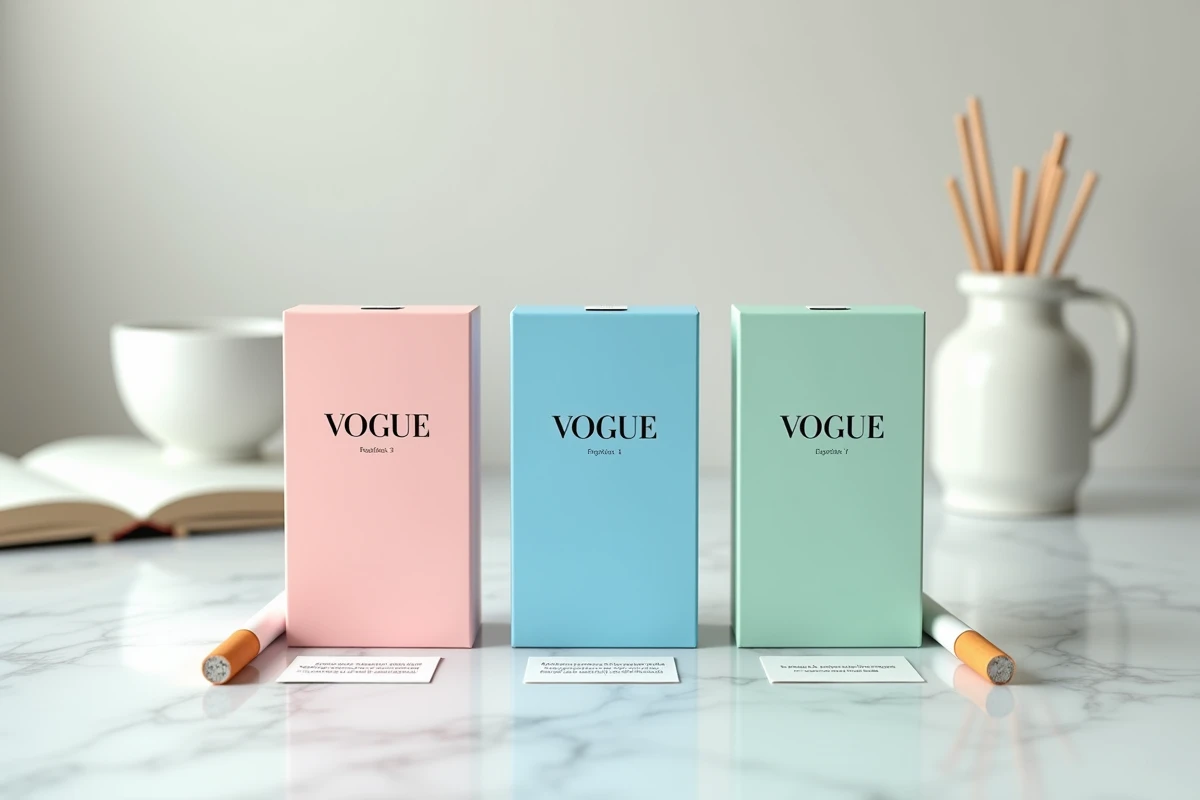 Comparaison de paquets de cigarettes Vogue pastel, bleue et mentholée en flat lay sur marbre, guide des différences pour débutants