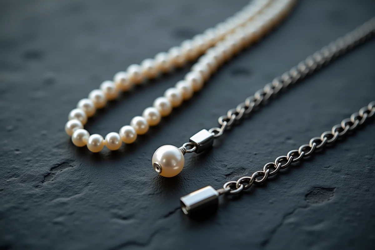 Comparaison côte à côte d'un collier en perle et d'une chaîne en acier pour homme sur fond ardoise, vue flatlay