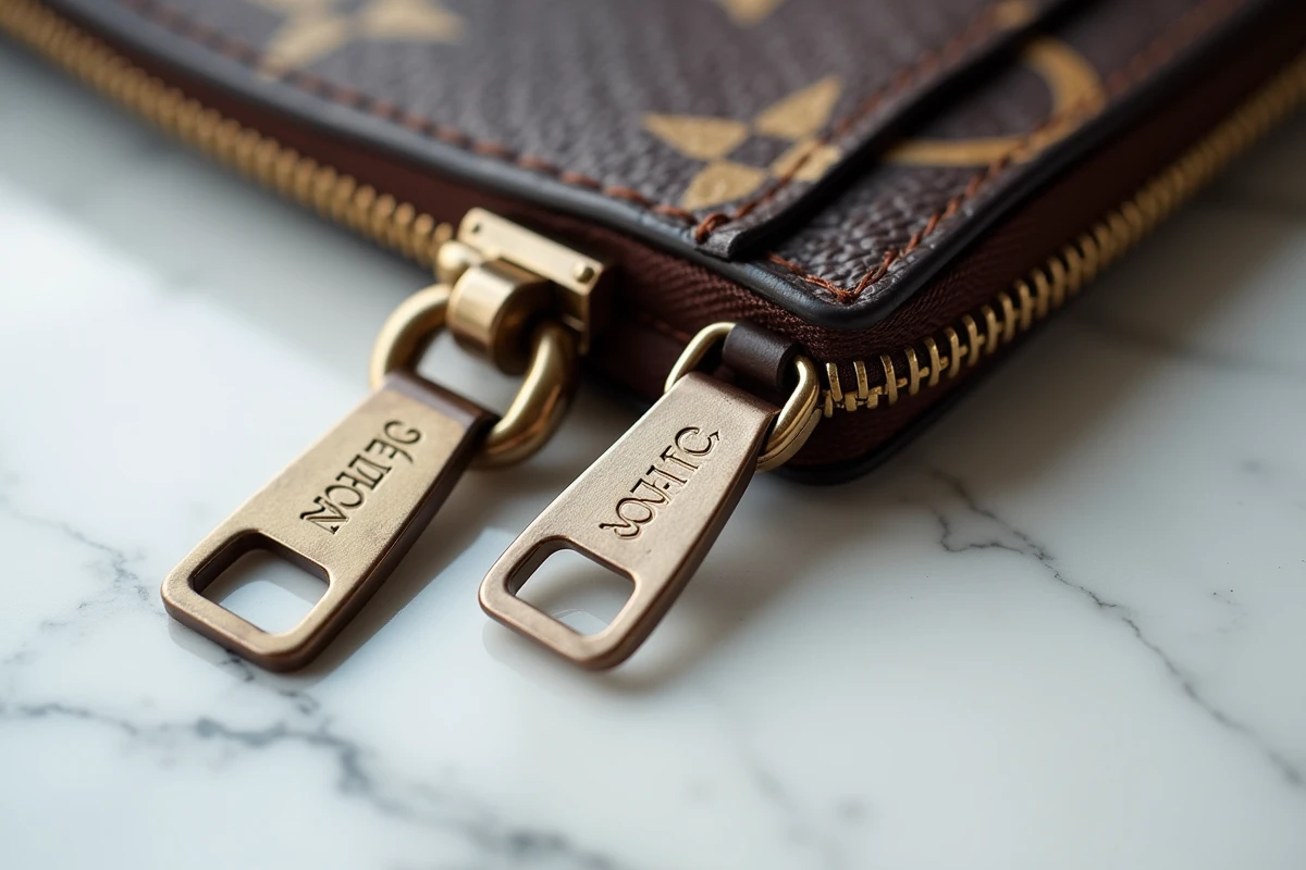 Comparaison en macro d'une fermeture éclair authentique et contrefaite sur un sac de luxe style Louis Vuitton