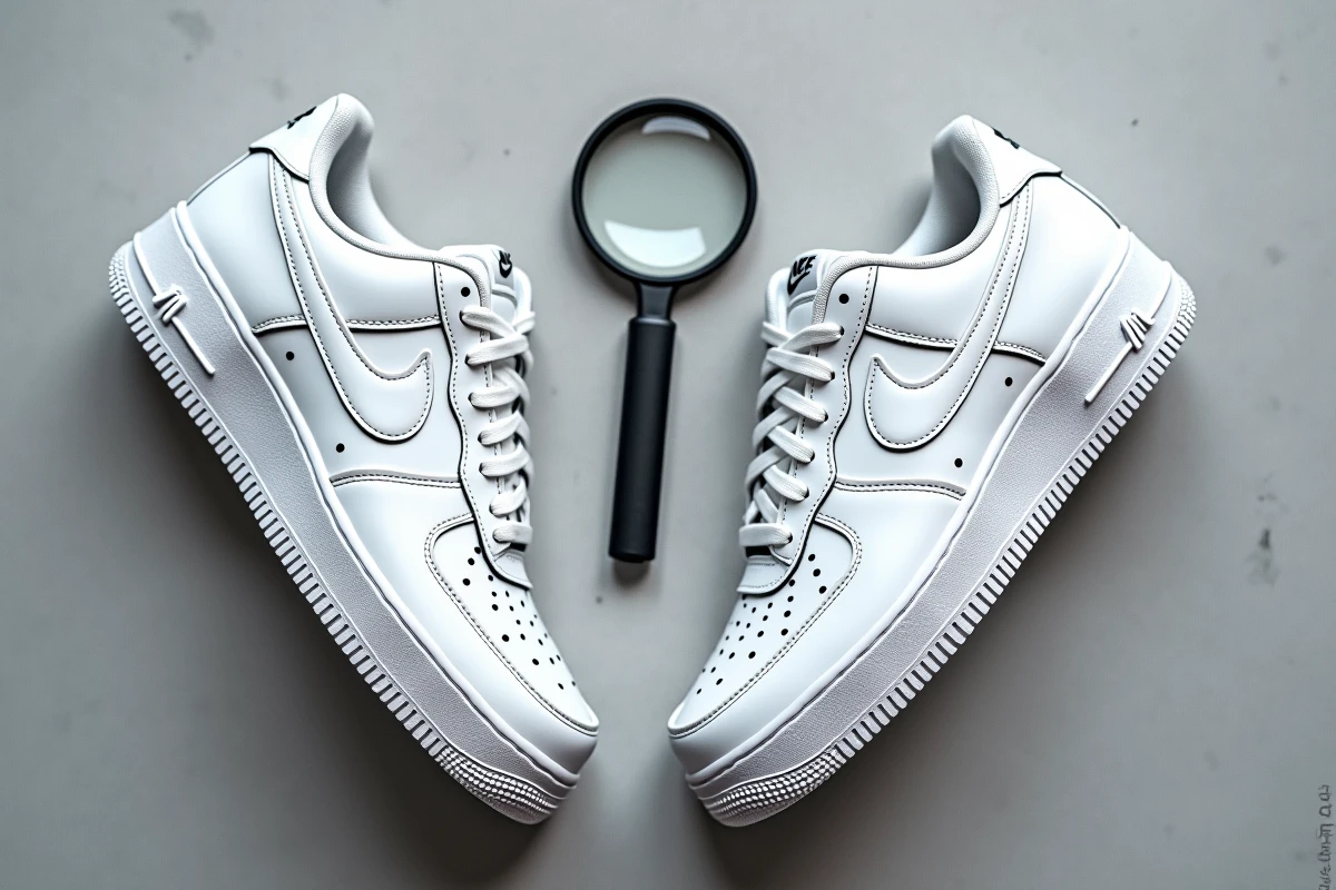 Vue à plat de deux Nike Air Force 1 côte à côte révélant les différences entre original et contrefaçon