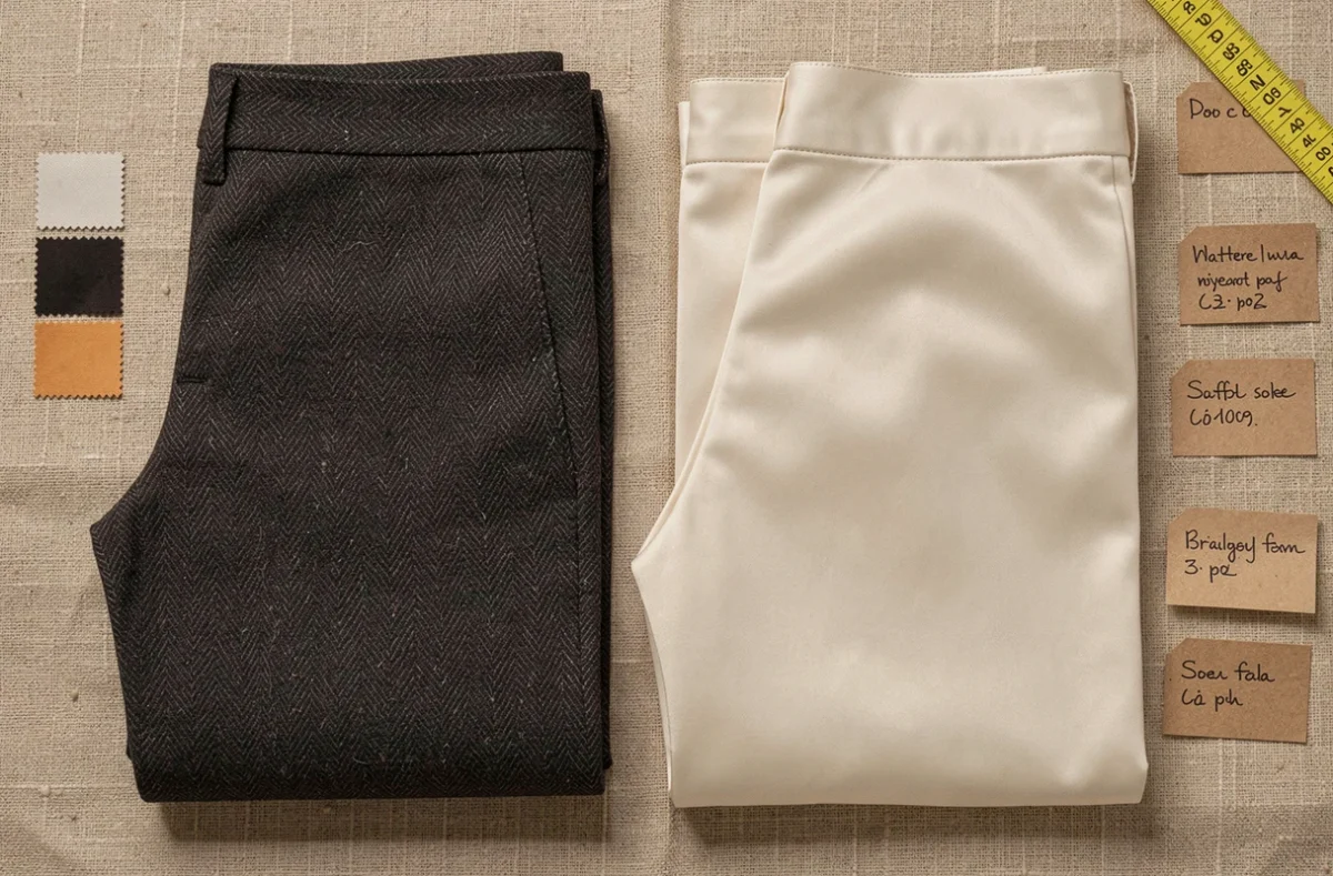 Comparaison de tissus pour pantalon en vue à plat, laine structurée versus polyester brillant, avec des échantillons et une règle de couturier sur fond de lin naturel