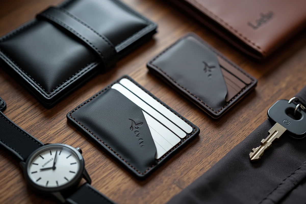 Vue aérienne de trois porte-cartes homme différents en cuir et aluminium posés sur un bureau en chêne avec une montre et des accessoires