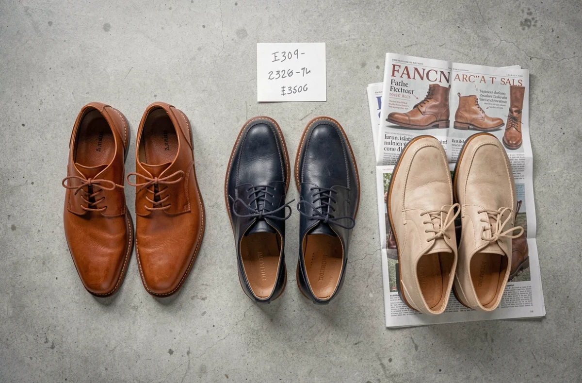 Disposition à plat de plusieurs paires de chaussures en cuir Arche avec étiquettes de prix et comparatif de soldes