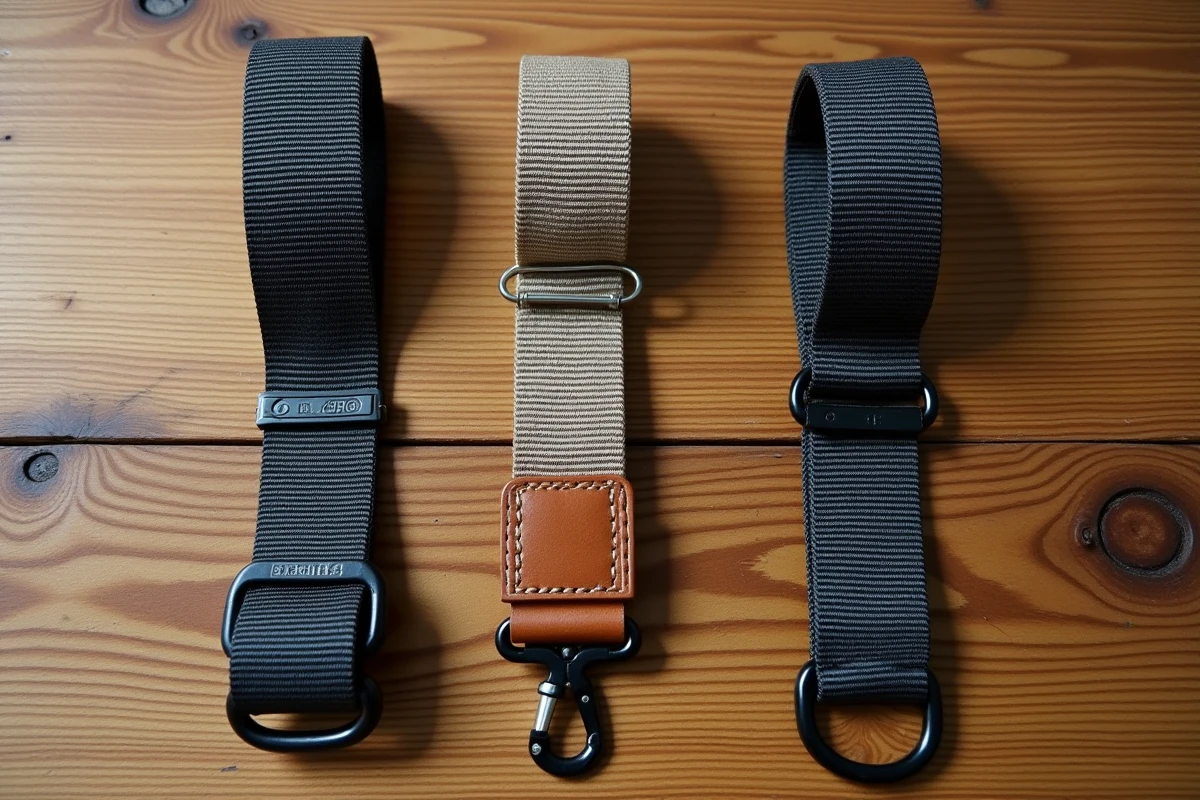 Comparatif de trois types de sangles pour sacoche banane posées sur une table en bois, nylon, toile et élastique