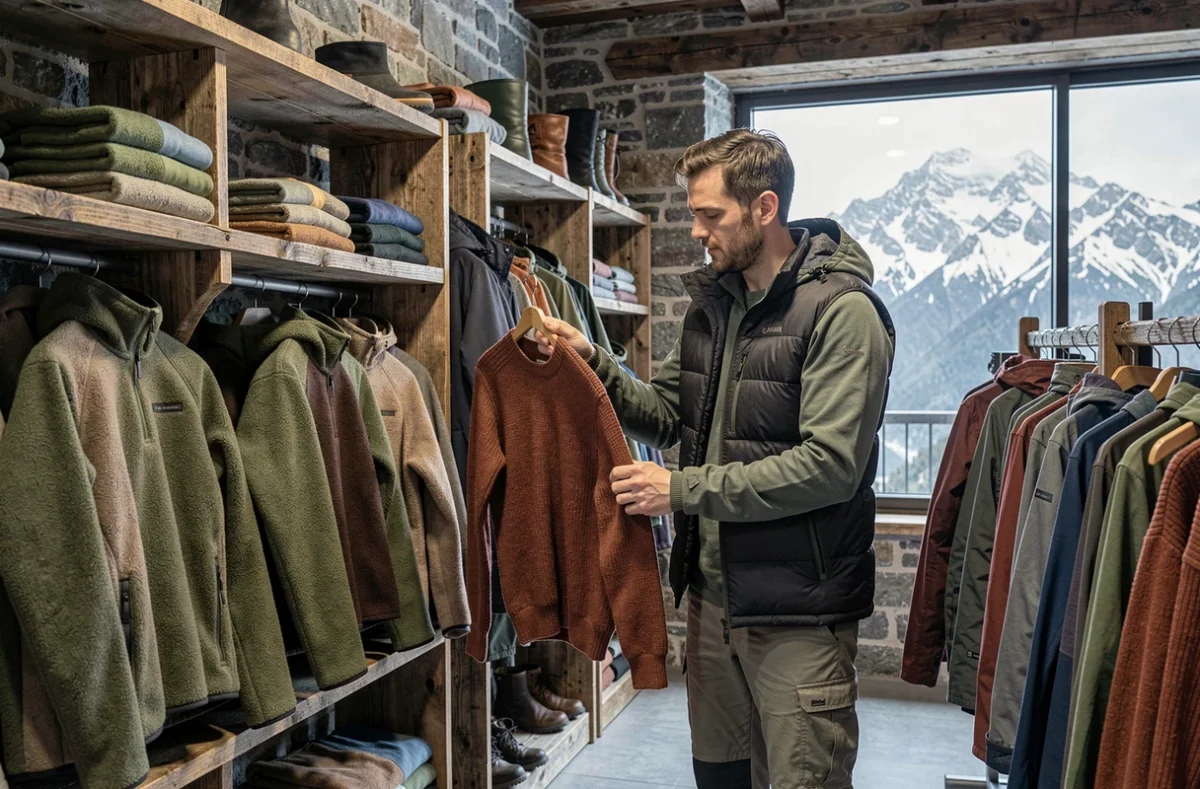 Boutique Comptoir des Montagnes à Chamonix avec des vêtements de montagne sur des étagères en bois recyclé