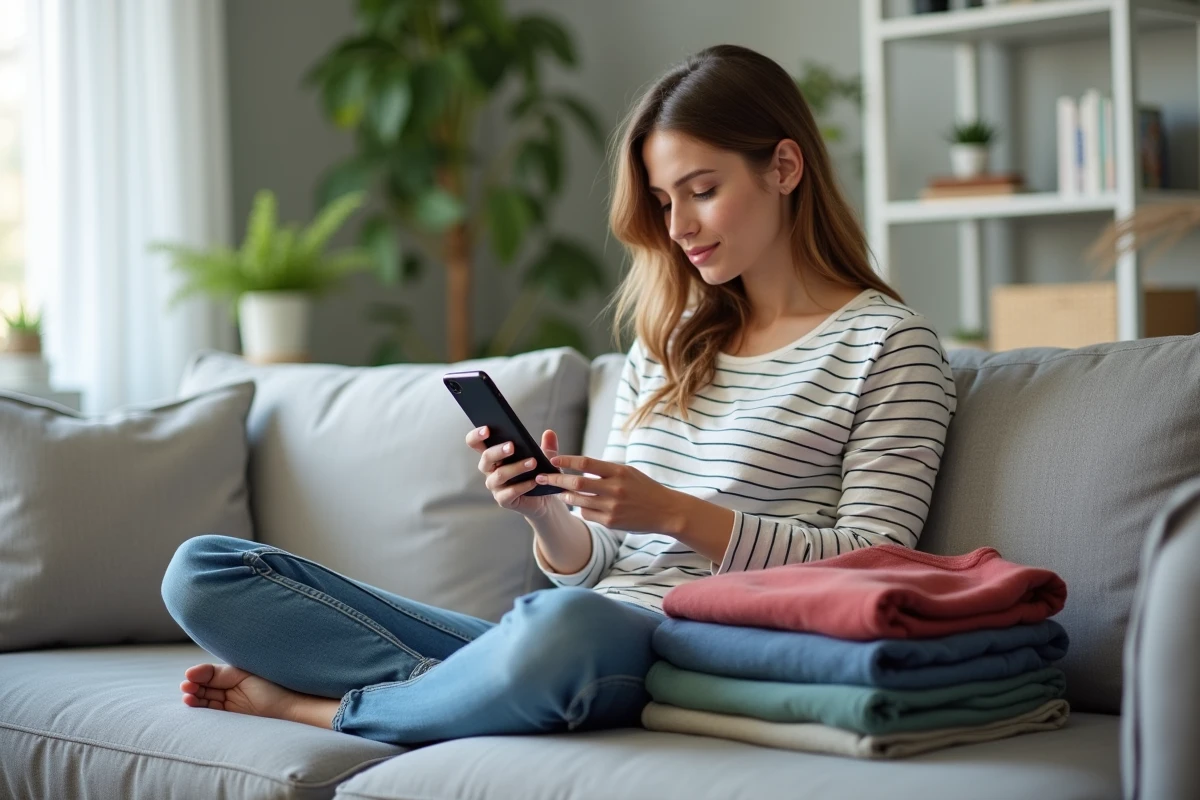 Jeune femme consultant l'application Vinted sur son téléphone pour préparer un envoi