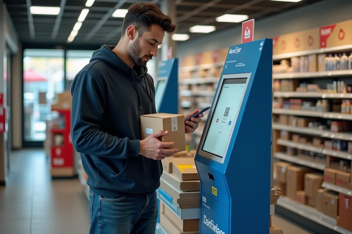 Homme déposant un colis Vinted Go dans un point relais Mondial Relay en magasin