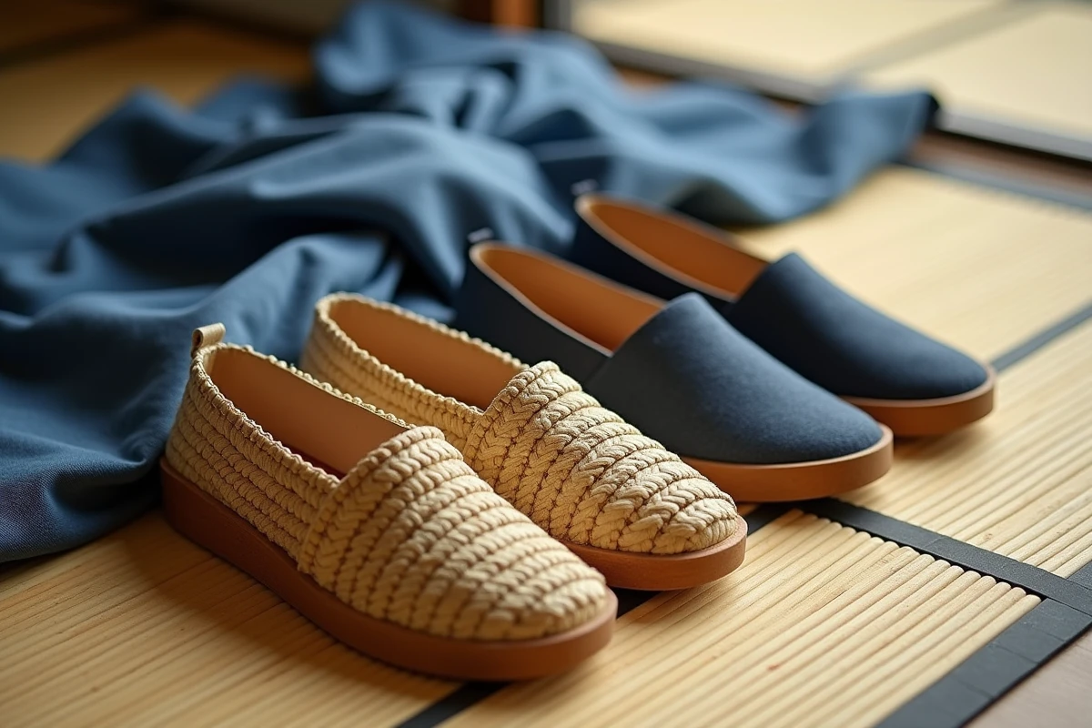 Détail de sandales japonaises traditionnelles geta, zori et okobo arrangées sur un tatami avec un yukata en coton indigo