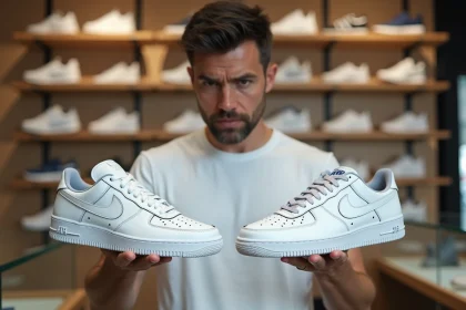 Homme tenant deux paires de Nike quasi identiques pour détecter une contrefaçon dans une boutique de sneakers