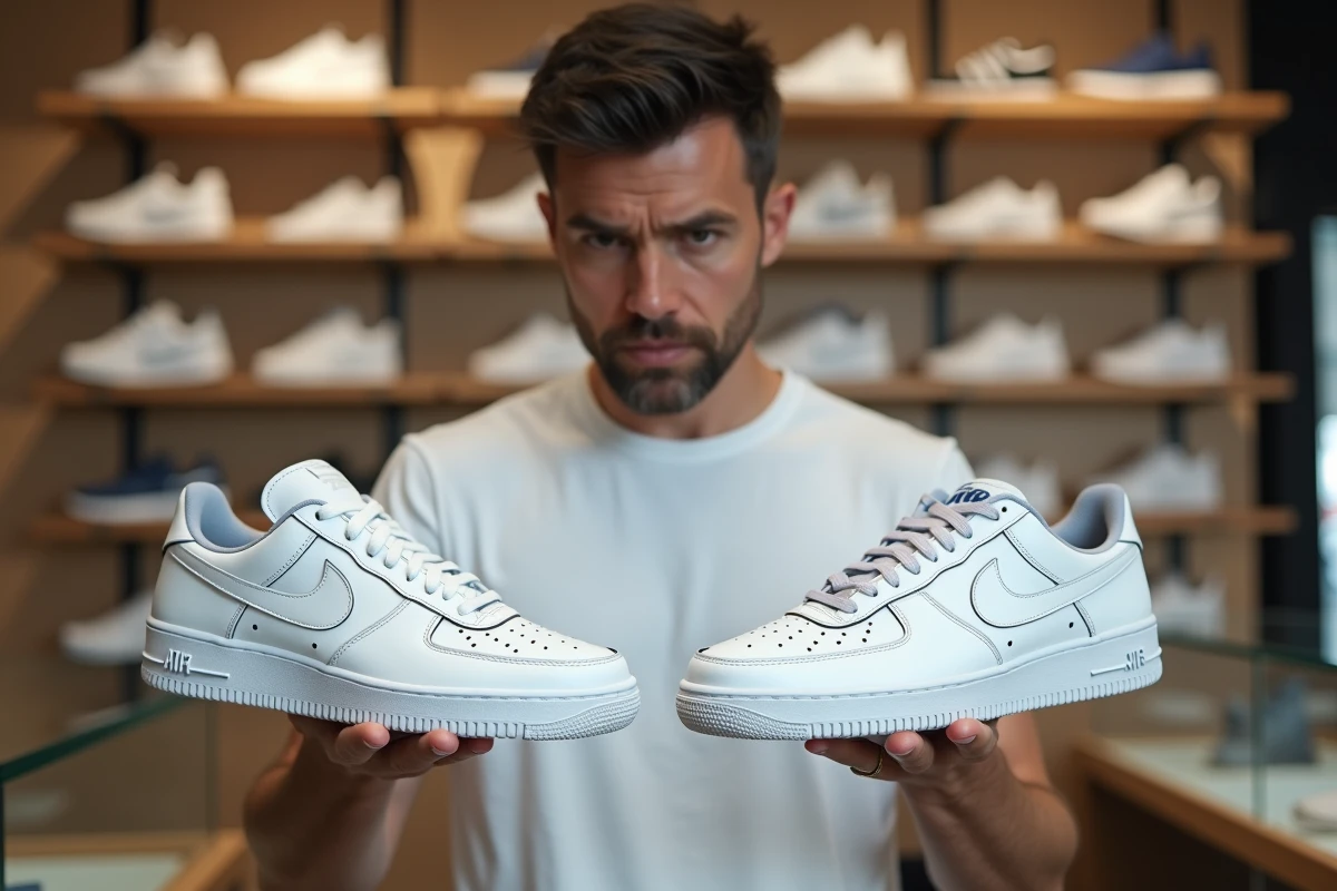 Homme tenant deux paires de Nike quasi identiques pour détecter une contrefaçon dans une boutique de sneakers
