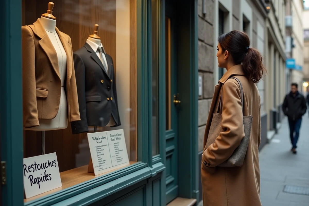 Devanture d'une boutique de retouches rapides avec panneau visible dans un quartier résidentiel