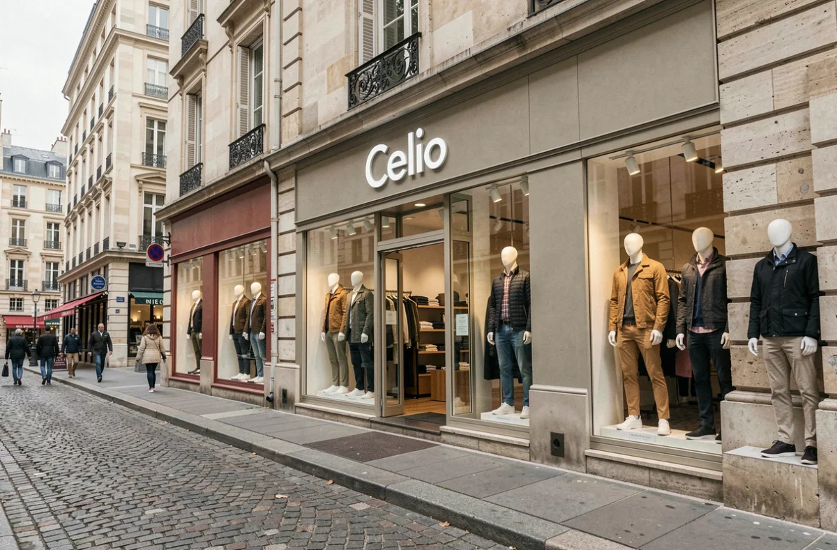 Devanture extérieure de la boutique Celio en centre-ville de Vichy avec vitrines de mannequins