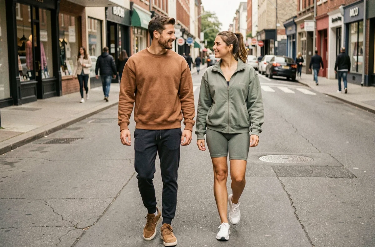Duo homme femme en tenues streetwear coordonnées marchant dans une rue urbaine animée style éditorial