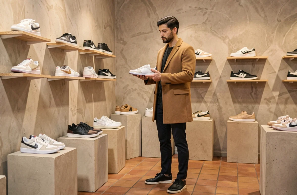 Boutique Edmond Paris au style éditorial raffiné, avec un client examinant attentivement une sneaker premium dans un espace épuré aux sols en carrelage terracotta