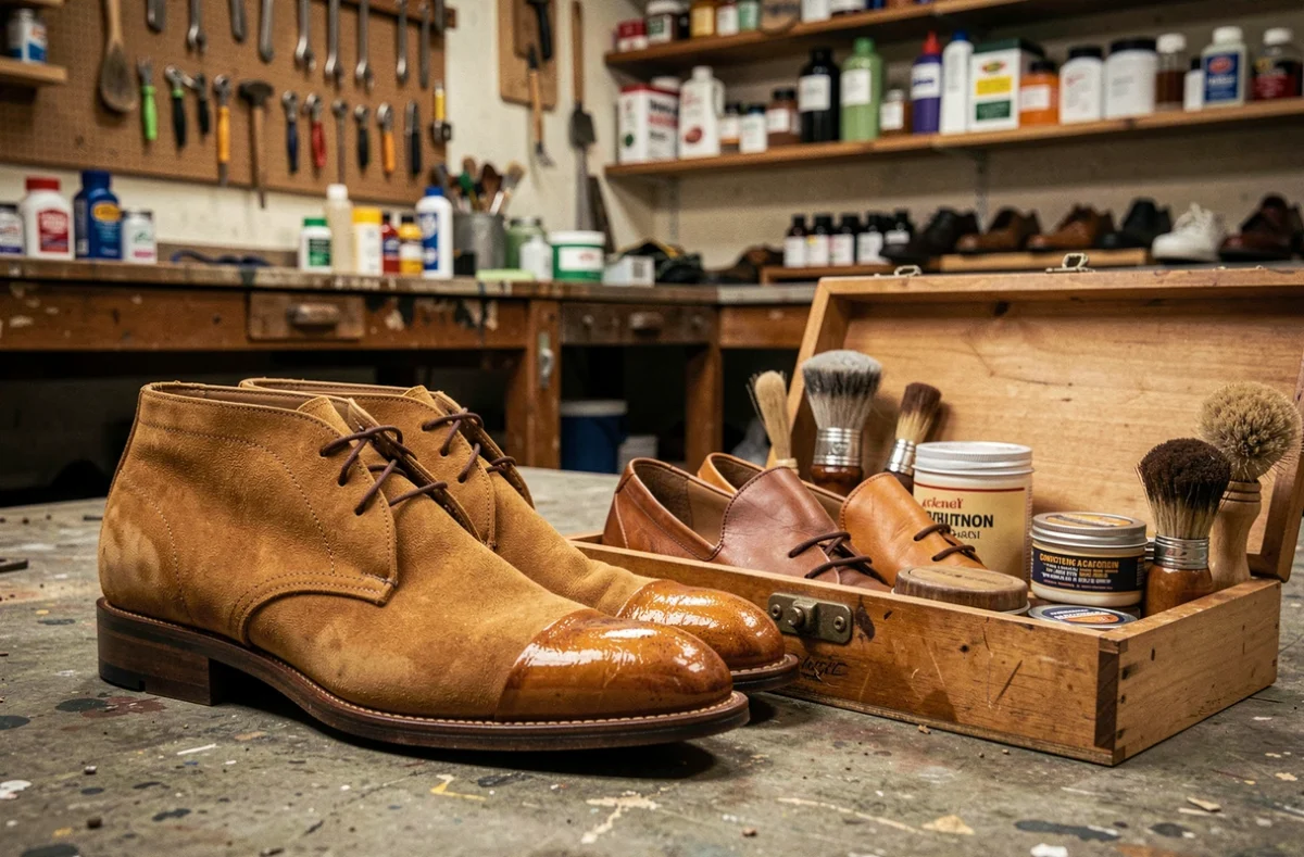 Bottines en nubuck et mocassins en cuir gras posés avec des produits d'entretien dans un atelier de cordonnier
