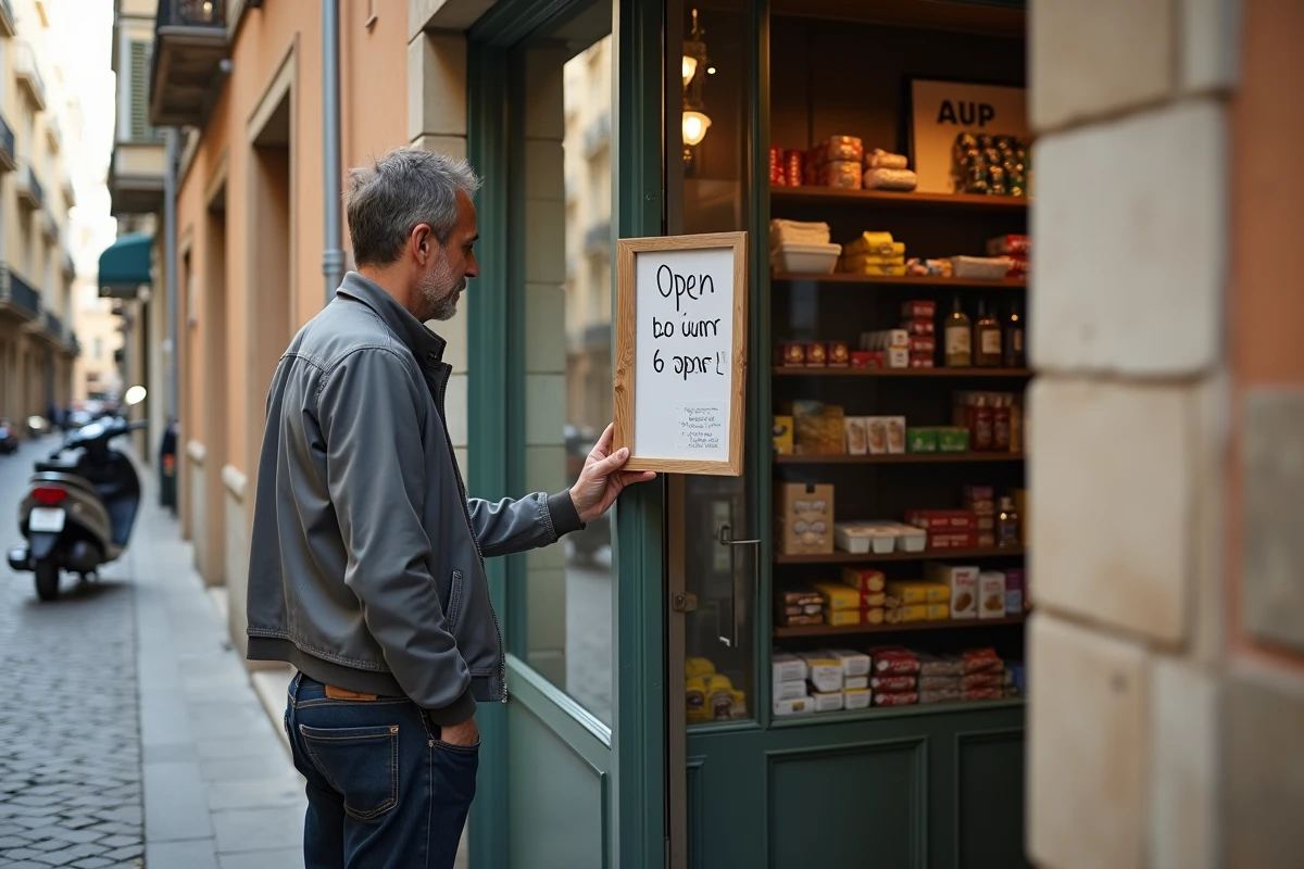 Homme lisant les horaires d'ouverture d'une épicerie de quartier à Marseille un dimanche
