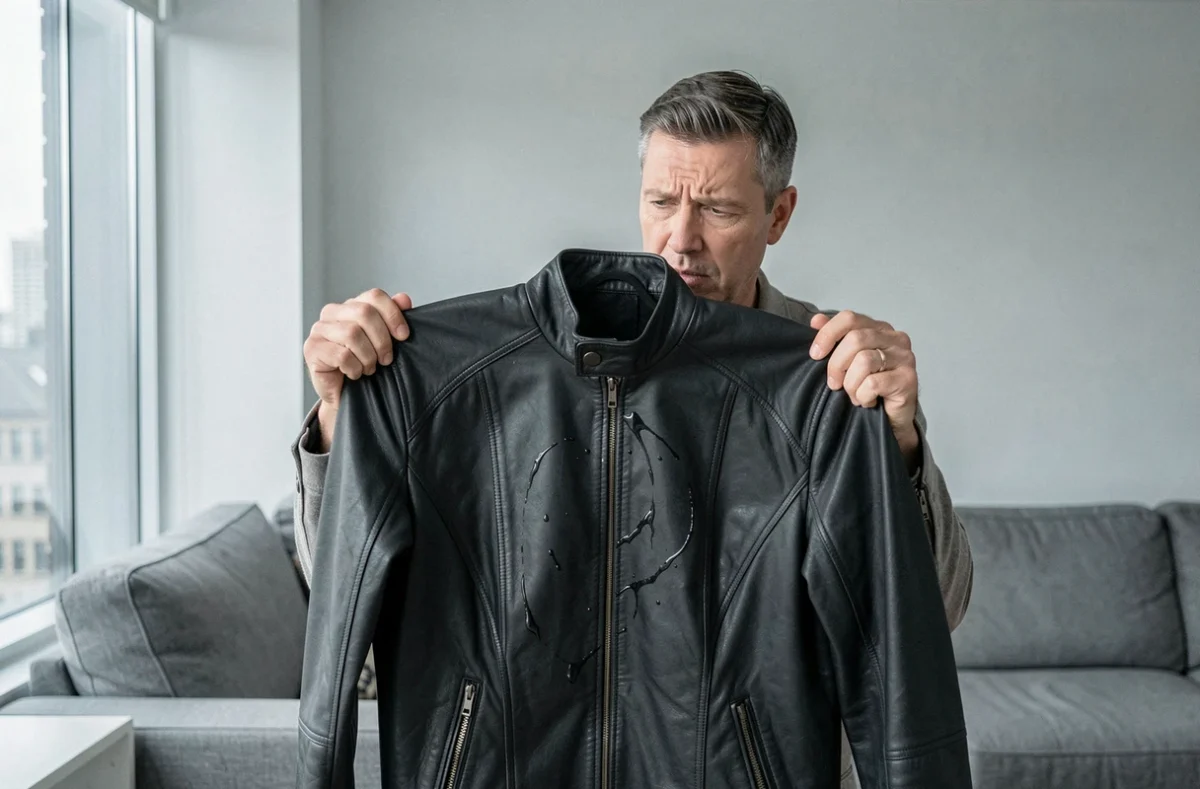 Homme inspectant une veste en cuir noir avec des résidus de cire inégaux, geste d'erreur fréquente lors du cirage d'un blouson en cuir