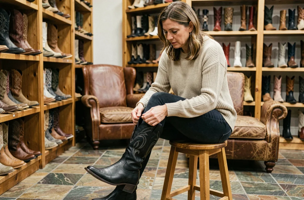 Femme aux mollets larges essayant des bottines country noires dans une boutique western, assise sur un tabouret en bois