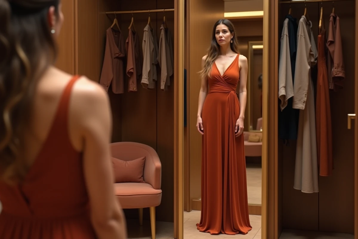 Femme essayant une robe longue terracotta dans une boutique avant un mariage, vérifiant la coupe dans le miroir