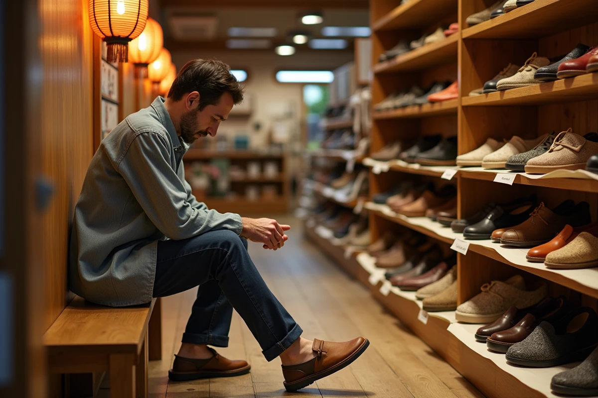 Homme occidental essayant des sandales zori dans une boutique artisanale de chaussures traditionnelles japonaises à Tokyo