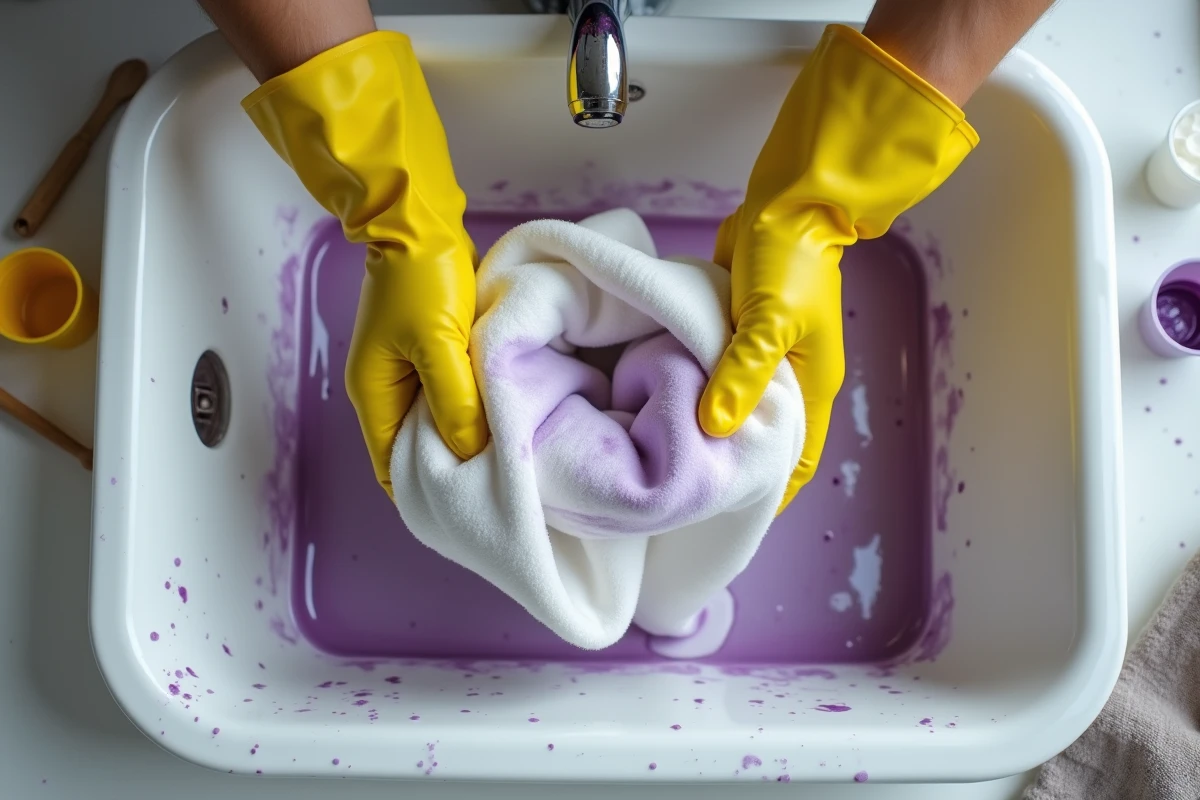 Gros plan de mains gantées essorant du tissu polyester teint en violet au-dessus d'un évier en céramique