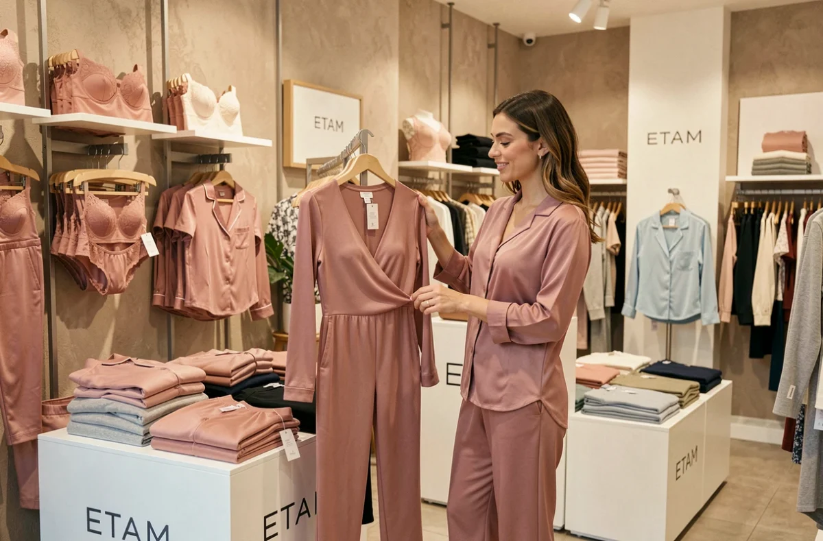 Jeune femme examinant un ensemble loungewear dans une boutique Etam au Mans