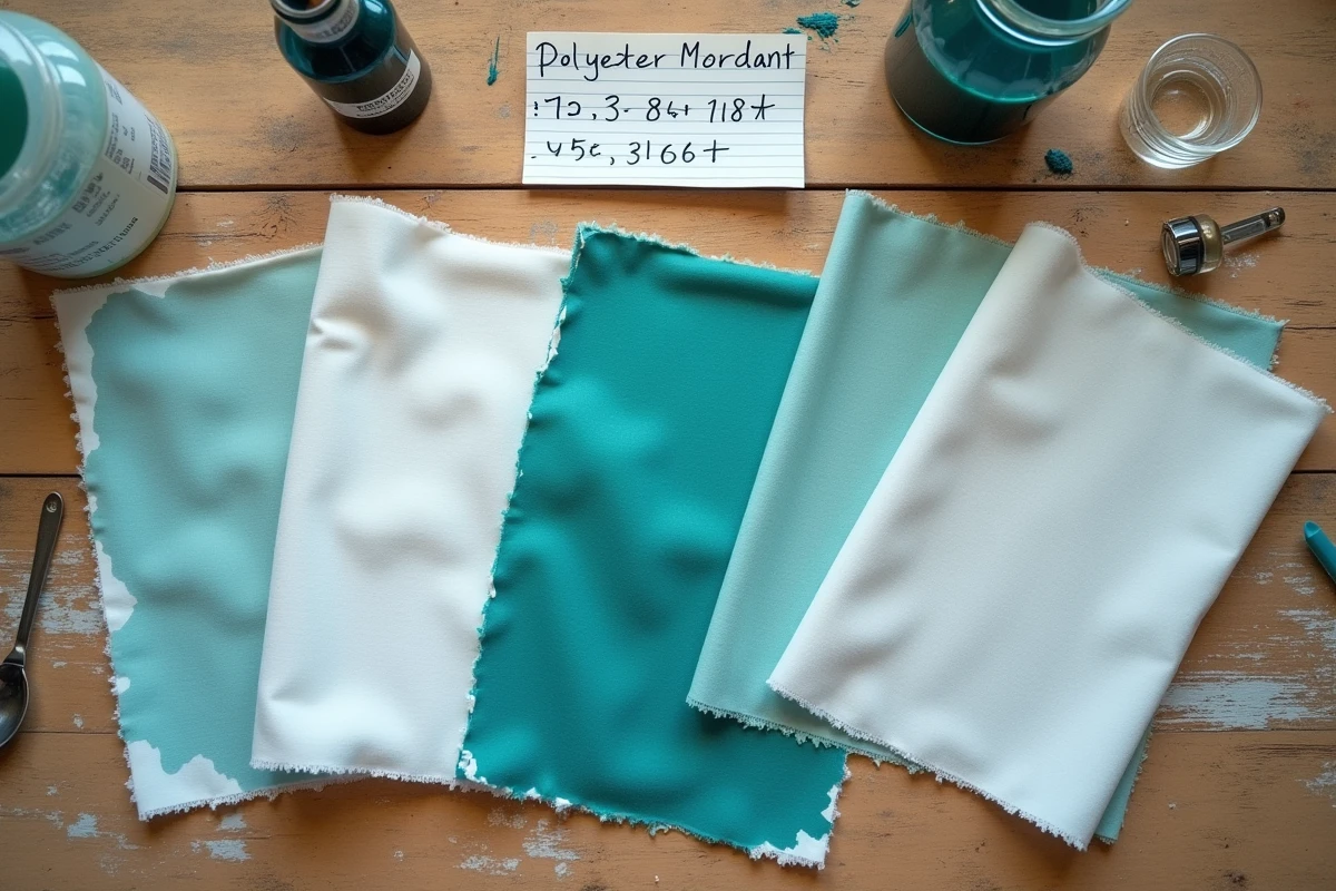 Vue à plat de morceaux de tissu polyester à différentes étapes de préparation pour la teinture sur une table en bois