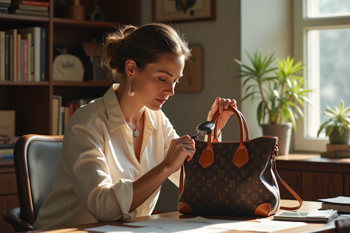 Experte en authentification examinant les rivets d'un sac Louis Vuitton avec une loupe de bijoutier