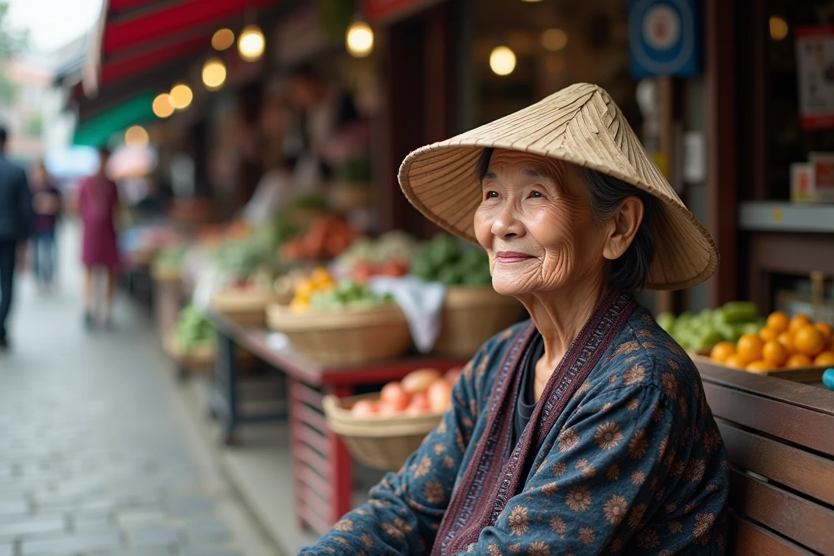 Femme asiatique âgée au marché avec chapeau et blouse