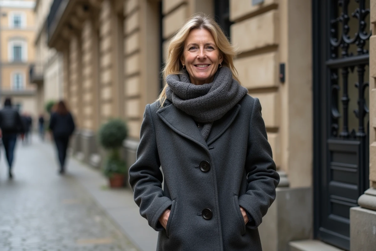 Femme portant manteau en laine gris en automne