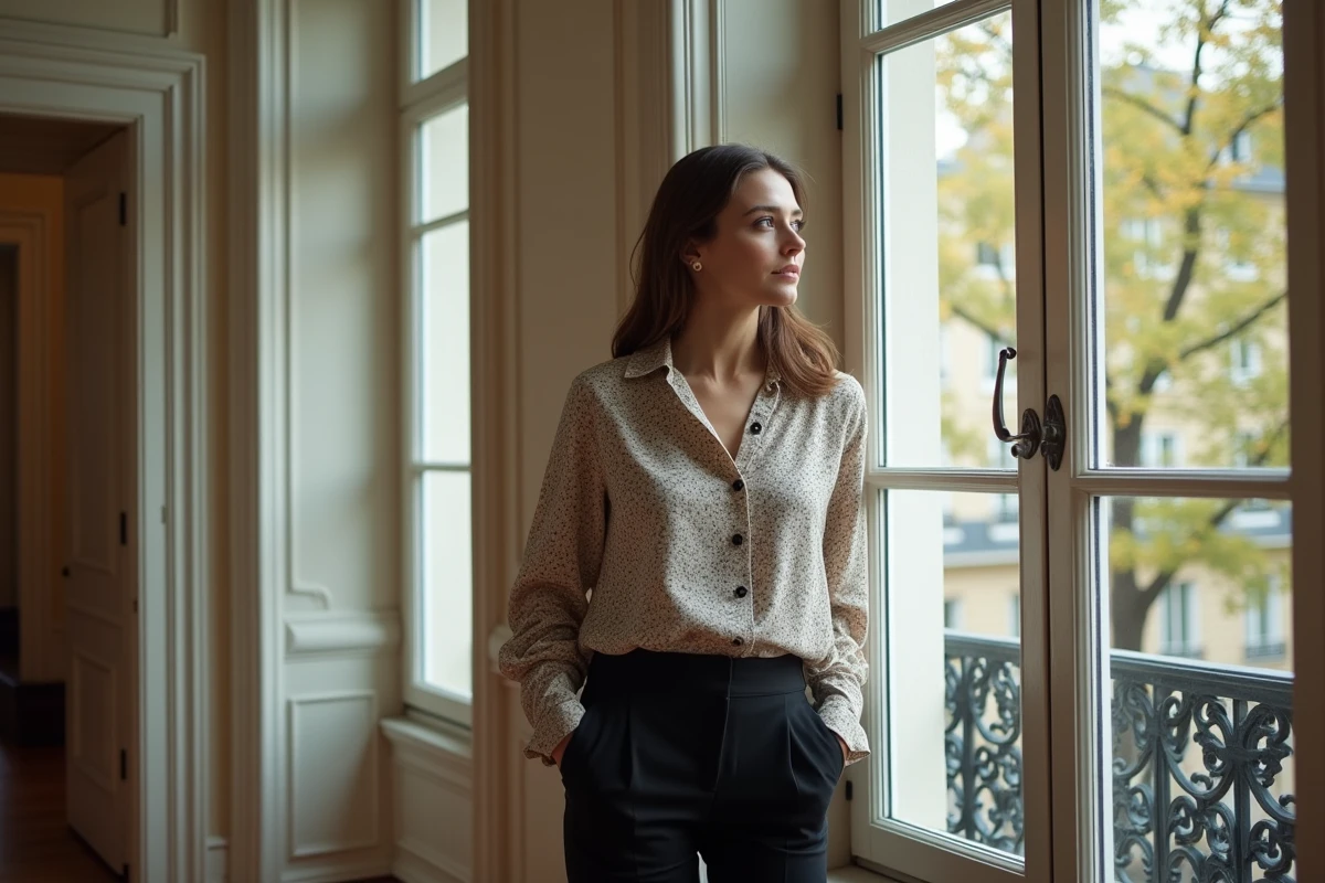 Femme confiante en blouse en soie à Paris