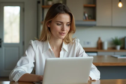 Jeune femme concentrée travaillant sur son ordinateur à la maison