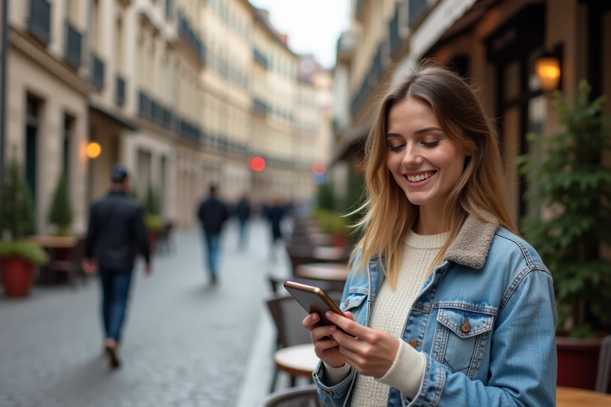 Jeune femme souriante vérifiant sa livraison au café en extérieur