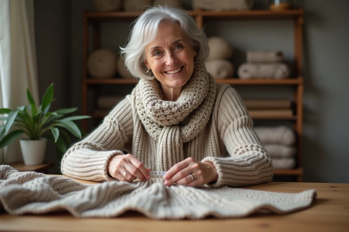 Femme souriante mesurant un echarpe tricotée avec un ruban