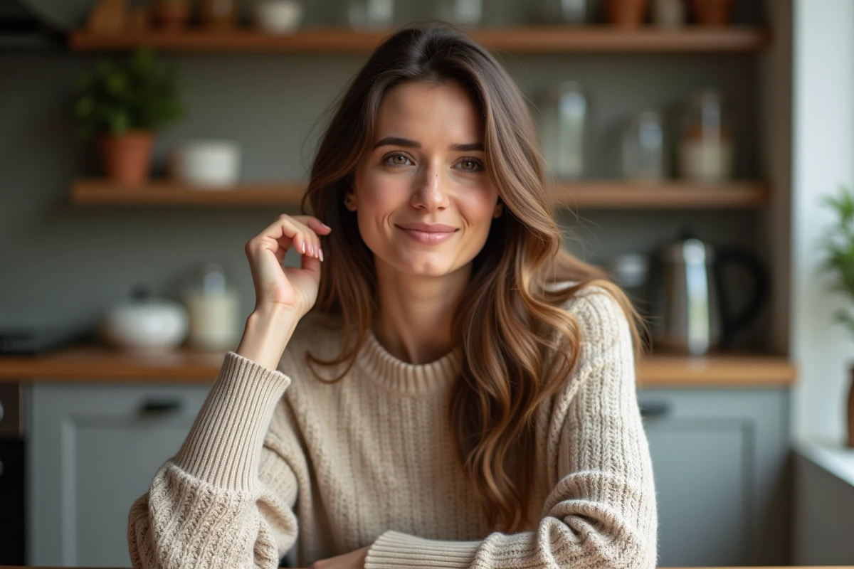 Femme en pull beige dans une ambiance chaleureuse