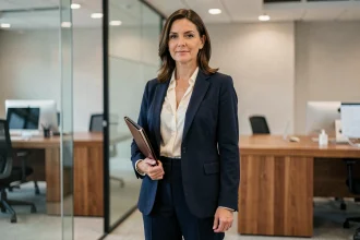 Femme élégante en blazer marine et pantalon tailleur dans un bureau moderne, style professionnel et autoritaire