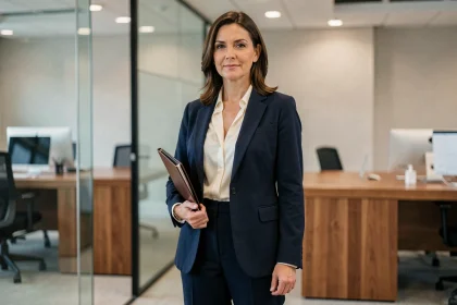 Femme élégante en blazer marine et pantalon tailleur dans un bureau moderne, style professionnel et autoritaire