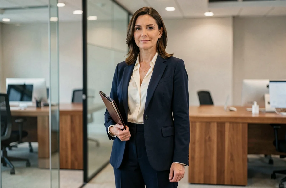Femme élégante en blazer marine et pantalon tailleur dans un bureau moderne, style professionnel et autoritaire