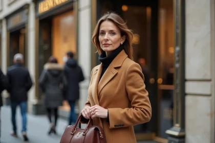 Femme élégante portant un manteau en laine camel avec monogramme discret devant une boutique de luxe parisienne