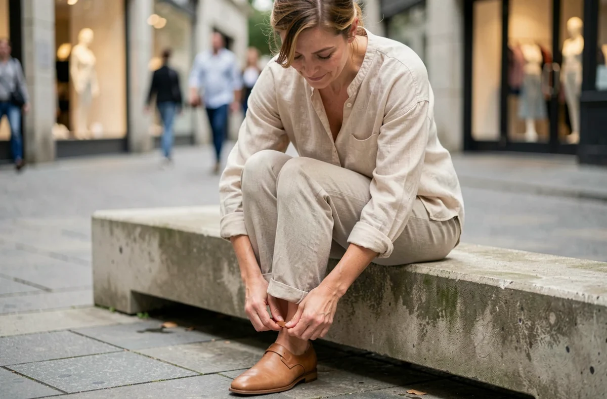 Femme essayant des chaussures confortables en cuir naturel style Arche assise sur un banc en ville
