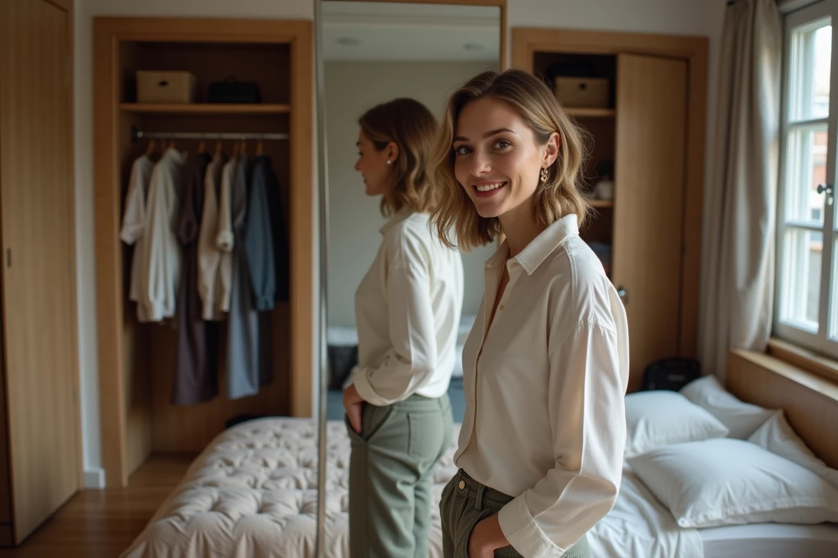 Femme souriante essayant des tenues dans une chambre cosy