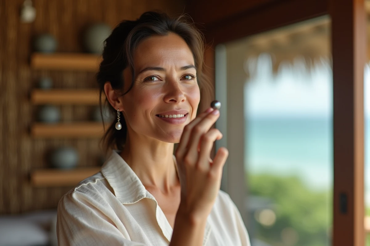 Femme polynésienne tenant une perle noire de Tahiti entre ses doigts dans une boutique artisanale ouverte sur l'océan, examinant la perle avec attention.
