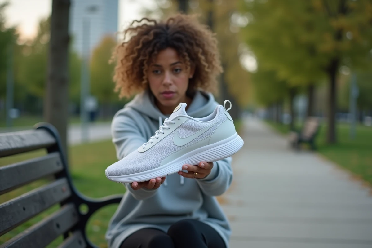 Femme inspectant la semelle d'une Nike potentiellement contrefaite dans un parc urbain